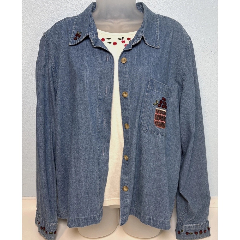 Christopher‎ & Banks XL Embroidered Cherries Denim Button Up Shirt 2004 Set of 2
